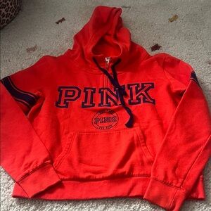 Red PINK Hoodie with Navy Accents